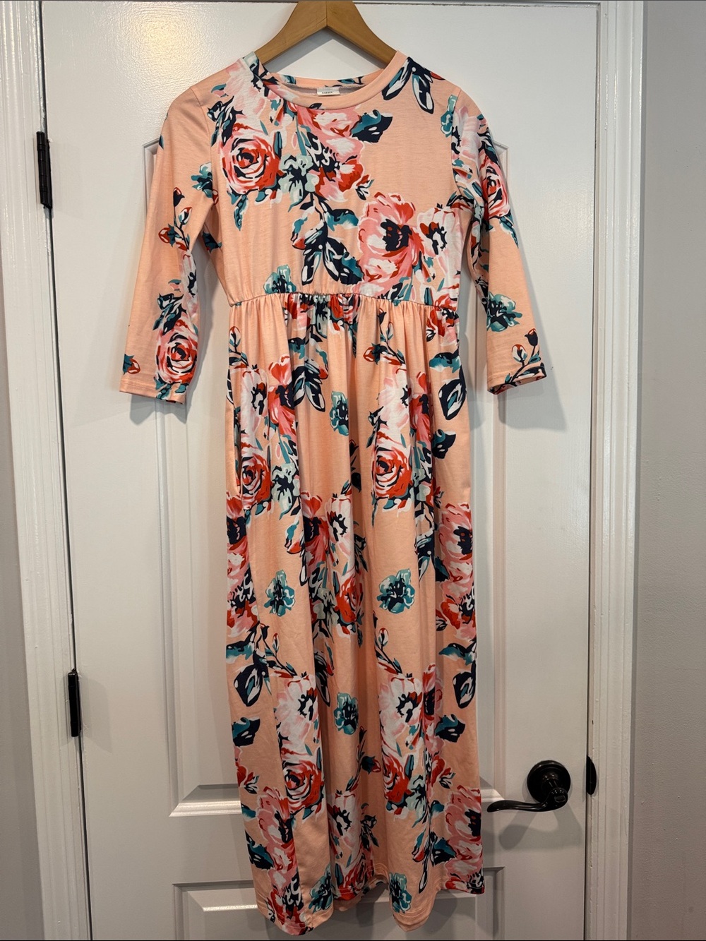 Girls Floral Peach Midi Dress with 3/4 Sleeves Size 12